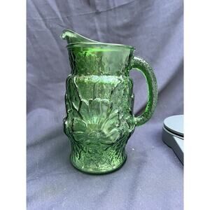 Vintage MCM Anchor Hocking Green Glass Rain Flower Pitcher 2 Quarts With Ice Lip